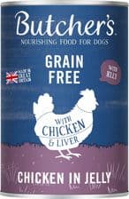 Butcher's Original Chicken in Jelly, karma dla psa, z kurczakiem i wątróbką, kawałki w galaretce – opakowanie karmy